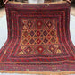 Top full view of antique 3.10x4.3 Turkish Afghan kilim rug with geometric nomadic design in red, gold, and brown
