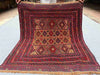 Top full view of antique 3.10x4.3 Turkish Afghan kilim rug with geometric nomadic design in red, gold, and brown