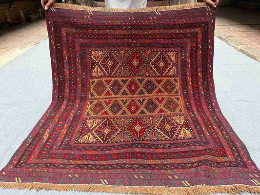 Top full view of antique 3.10x4.3 Turkish Afghan kilim rug with geometric nomadic design in red, gold, and brown