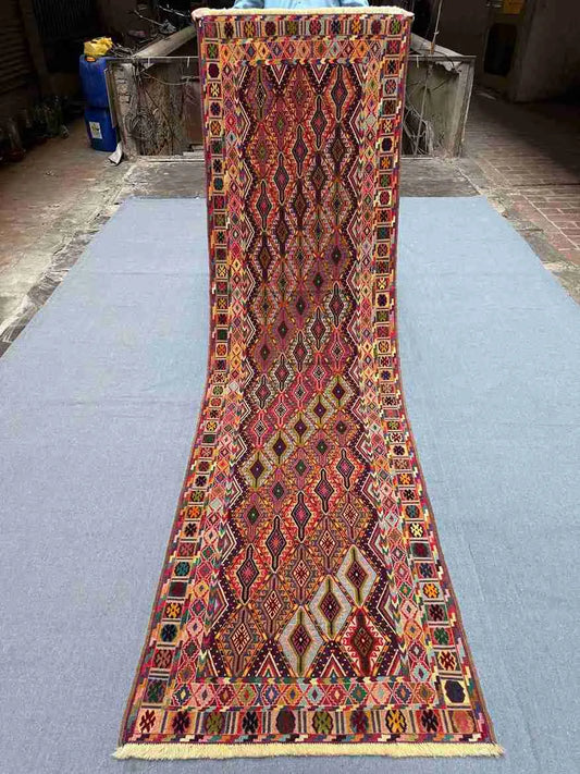Full top-down view of 2.8x9.3 ft Turkish kilim runner – red & navy wool
