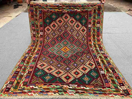 Full top-down view of 3.2x4 handmade Afghan Persian kilim rug