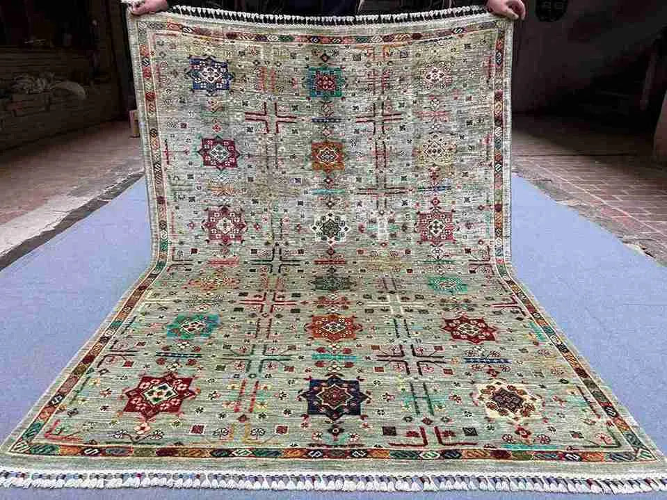Handmade 5x6.10 Bukhara Rug – Vintage Wool Geometric Carpet | Hand-Knotted Persian Medallion Area Rug for Nomadic & Oriental Home Decor