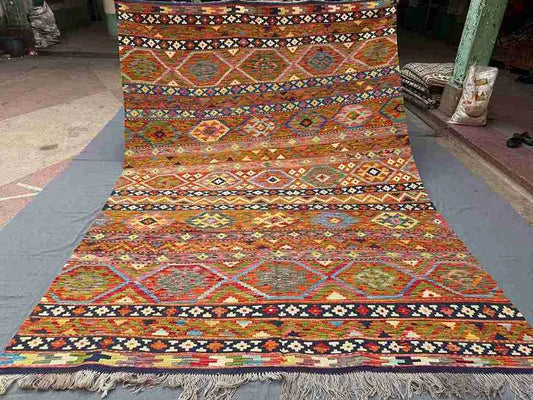Full view of 8x11 handmade Khorjin Kilim rug – large Persian-style multicolor wool flatweave.