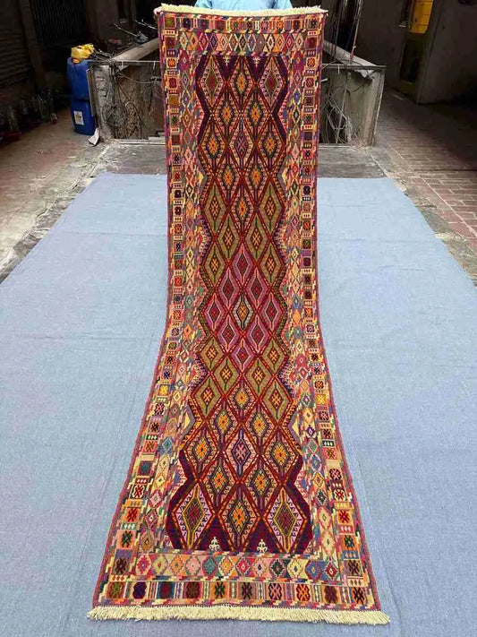Full view of 2.7x9.5 Turkish vintage-style kilim runner rug