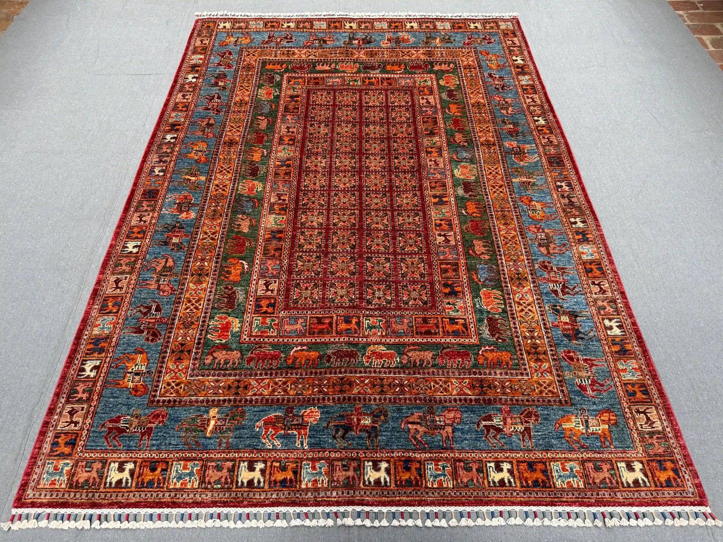 Full top view of handmade Pazyryk rug with tribal design