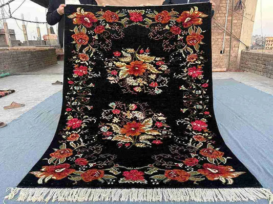 Full top-down view of 5.9x8.1 handmade Karabakh floral wool rug