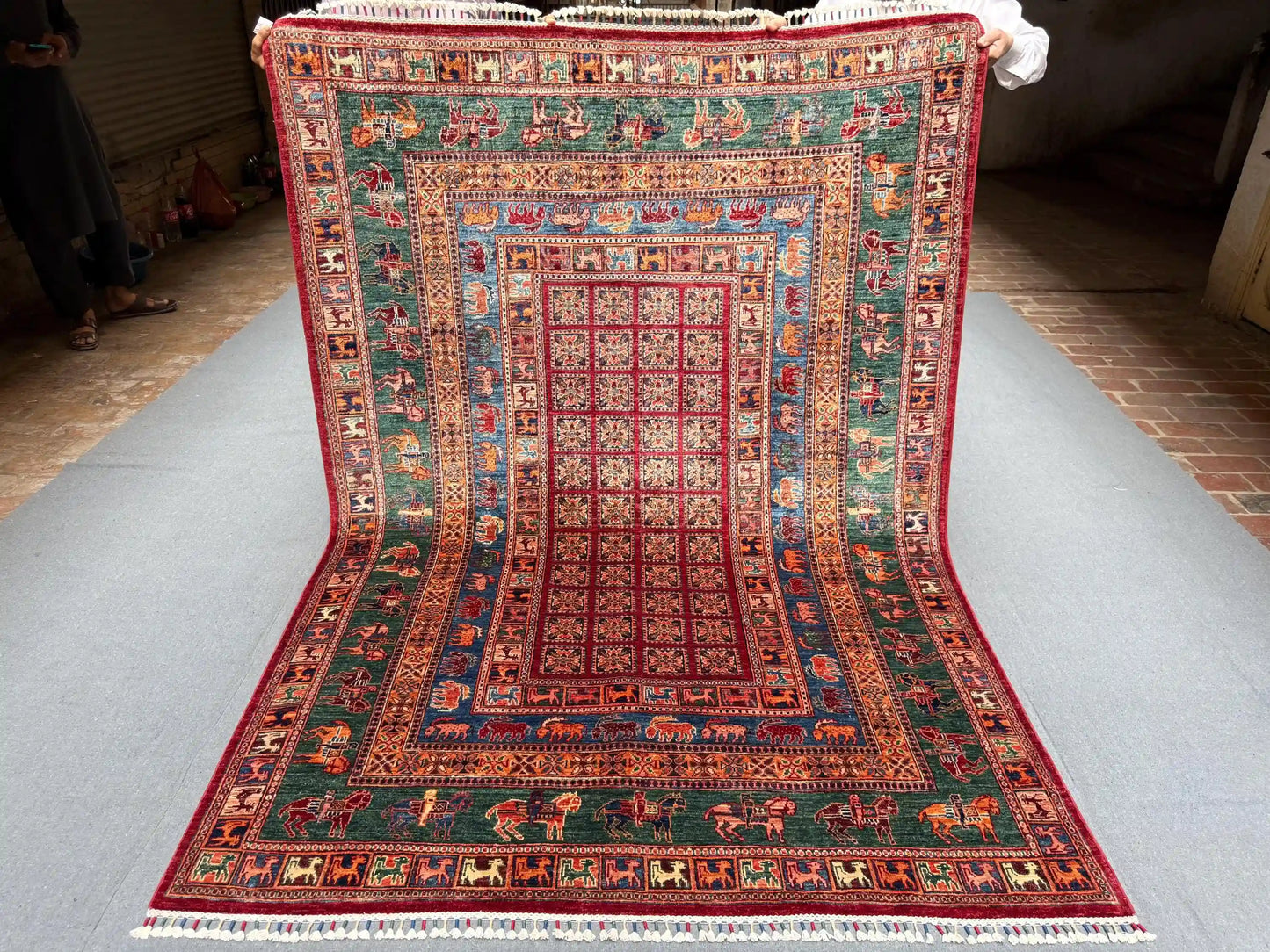 Unique Handmade Pazyryk Wool Rug 5 x 8 – Horse & Animal Motif Carpet, Red and Green Area Rug for Living Room, Boho Home Decor