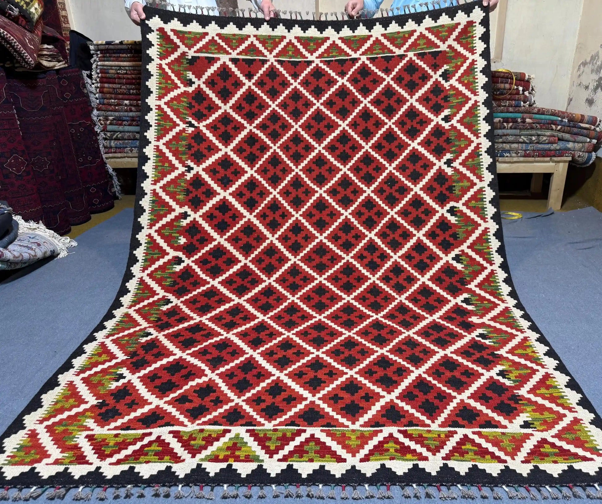  Full view of authentic handmade 5x7 red kilim rug – geometric wool flatweave