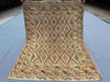 Full top view of 3.2x4.3 Turkish Afghan kilim rug with geometric tribal design in beige, blue, and red