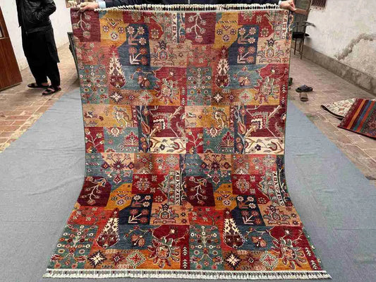 Full top view of 5x7 handmade multicolor patchwork wool rug