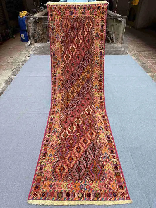Full-length view of 2.8x8.11 Turkish handwoven kilim hallway rug