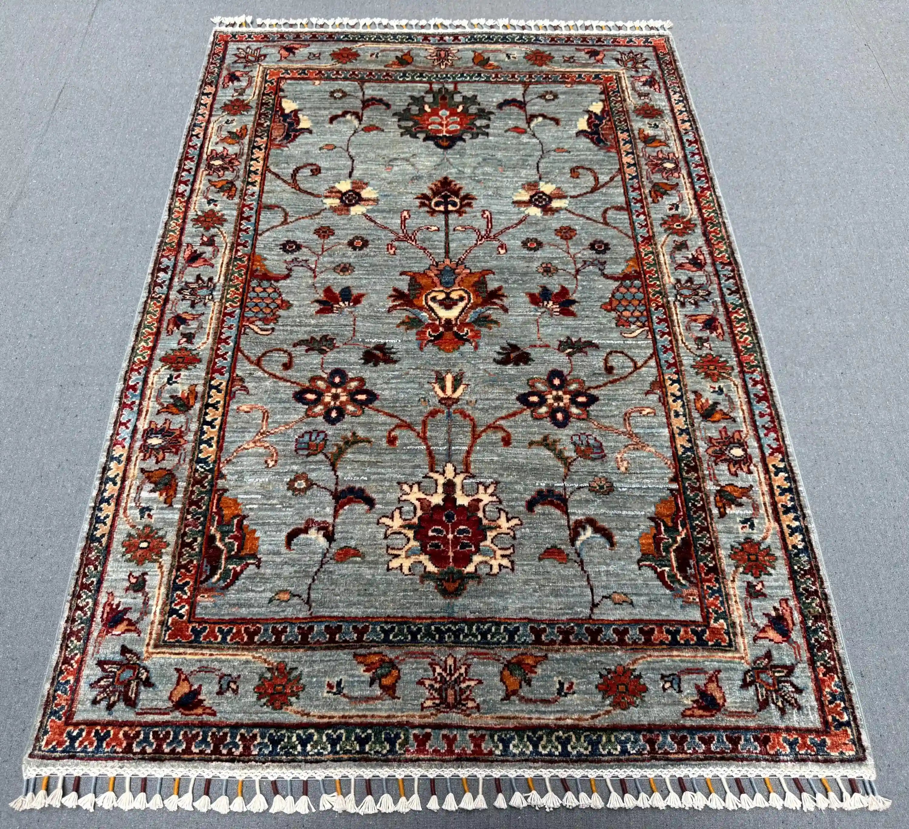 Handmade 4x5 Floral Wool Rug – Gray Oriental Accent Carpet – weirugs