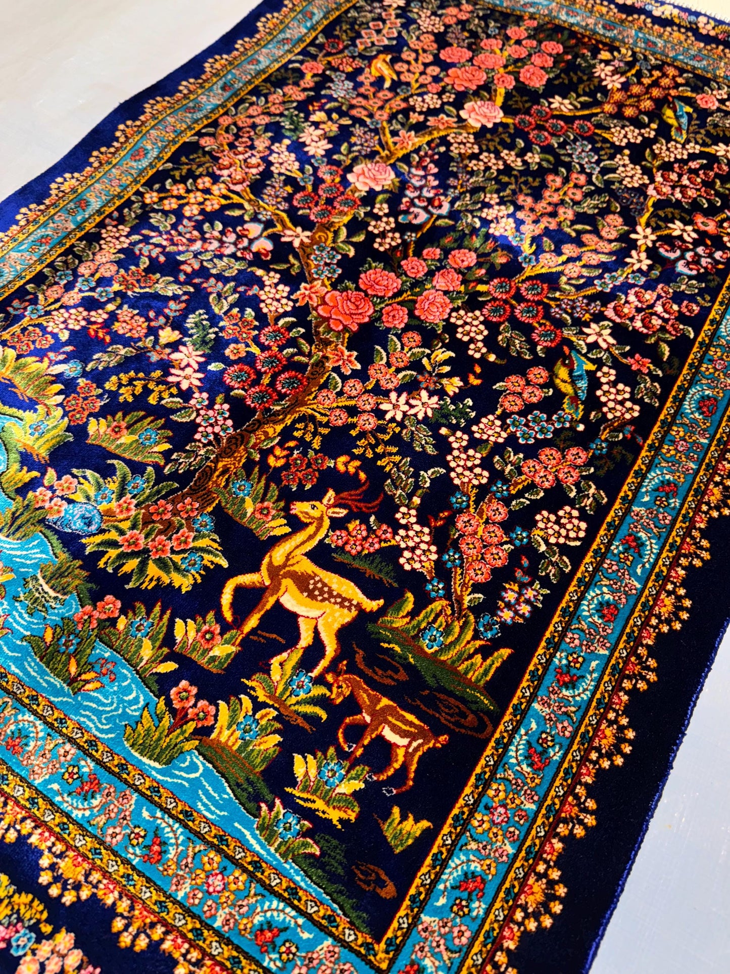 Silk Wall Hanging Rug|2x3 Deer and Floral Tree Tapestry|Persian Style Art,Luxury Silk Rug for Wall Decor|Blue Floral and Deer Statement Rug.