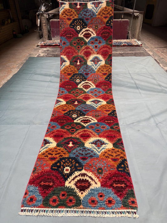 3x10 Colorful Bohemian Runner Rug– Handmade Wool rug with Geometric Patterns,Handwoven Tribal Runner Rug–Multicolor Wool Carpet for Hallways