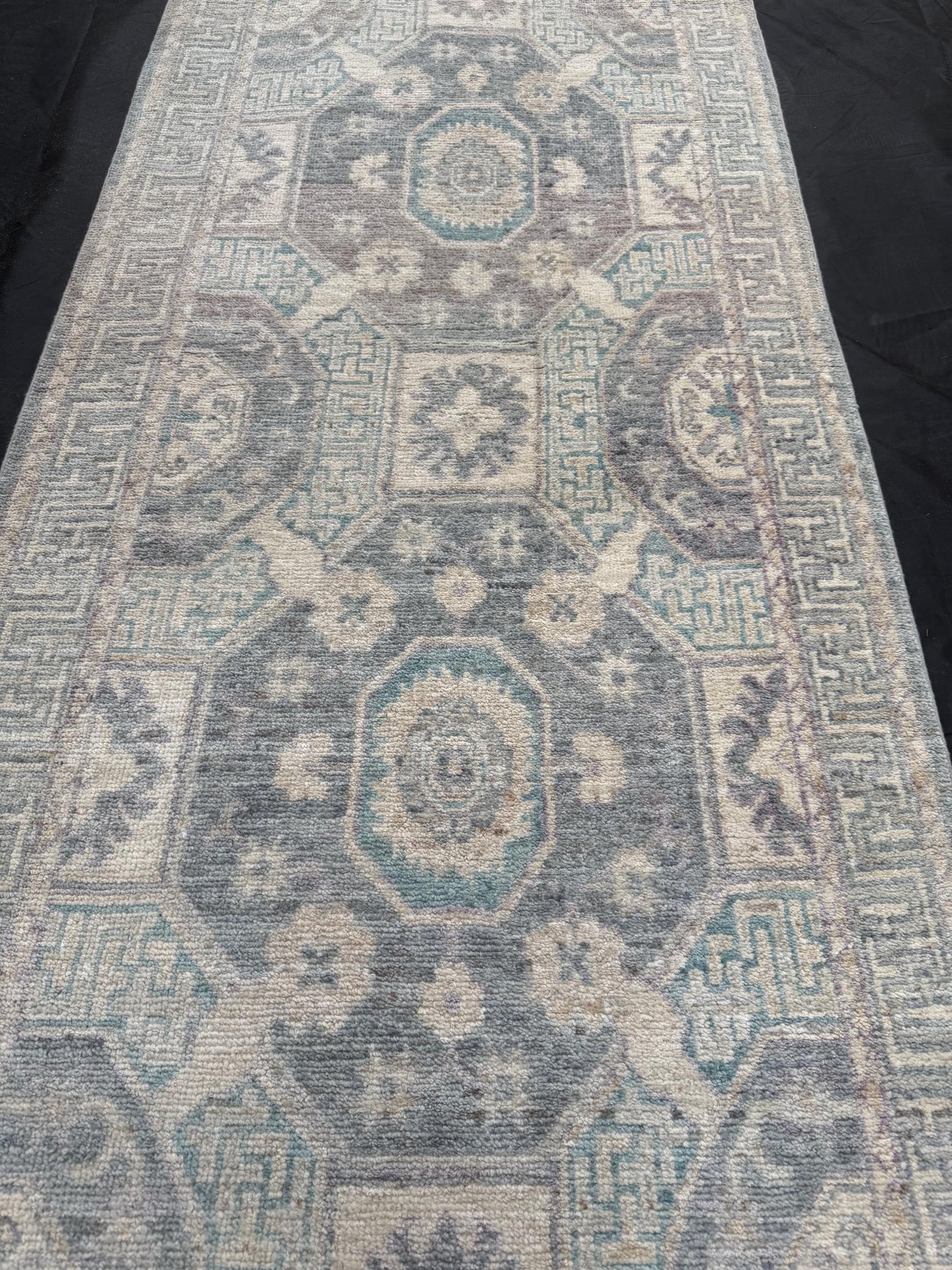 15 ft Extra long Handmade Oushak Runner Rug - Elegant Turkish Wool Hallway Runner rug in Pastel Tones,Soft Blue Cream toned Runner rug.