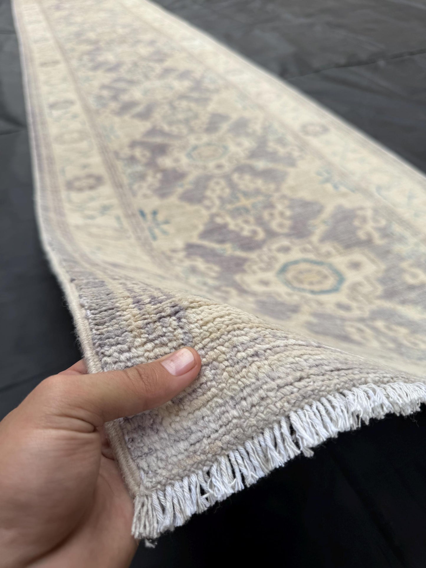 14 ft Extra long Handmade Oushak Runner Rug -Rustic Turkish Oushak runner,,Soft Blue Cream toned Runner rug.Soft Pastel Oushak Runner Rug.