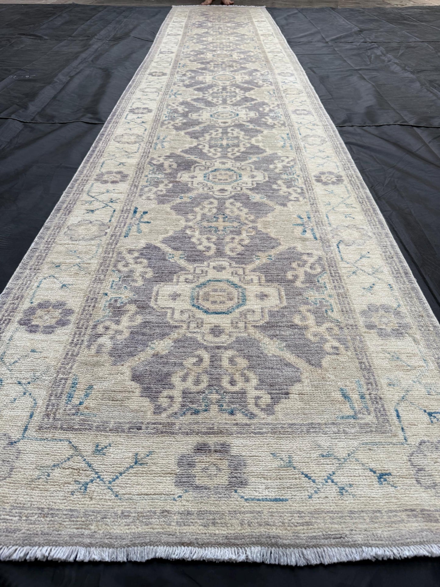 14 ft Extra long Handmade Oushak Runner Rug -Rustic Turkish Oushak runner,,Soft Blue Cream toned Runner rug.Soft Pastel Oushak Runner Rug.