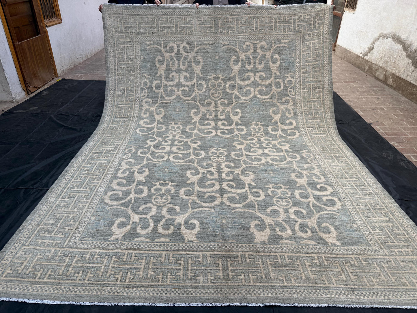 Unique Modern Handmade Blue Khotan Area Rug,Large Neutral Khotan Rug,Turkish Pastel Blue Cream Beige Living room rug,9x12 Living room rug.