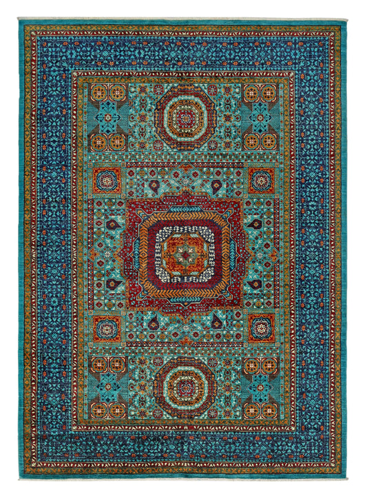 7x10 Blue Turquoise Mamluk Rug,7x10 Blue Turquoise Wool Carpet for Modern and Bohemian Decor,Large Mamluk Handmade Rug,Luxury Area Rug.