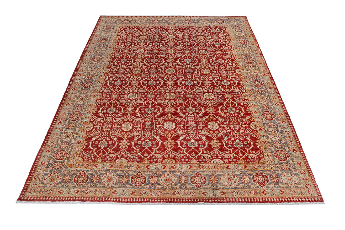 Hand-Knotted Persian Rug 5.7x7.2 ft – Luxurious Red & Blue Floral Wool Carpet – Traditional Oriental Area Rug for Home and Office