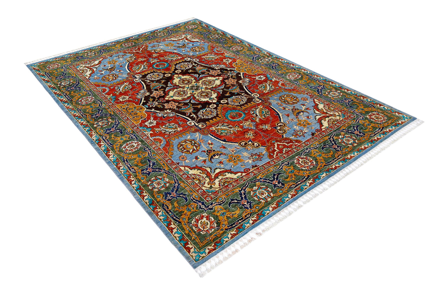 Handwoven Persian Wool Silk Rug 6.5x9.3 ft – Blue, Red & Gold Medallion Carpet – Luxury Oriental Wool Rug for Living Room , Home Decor