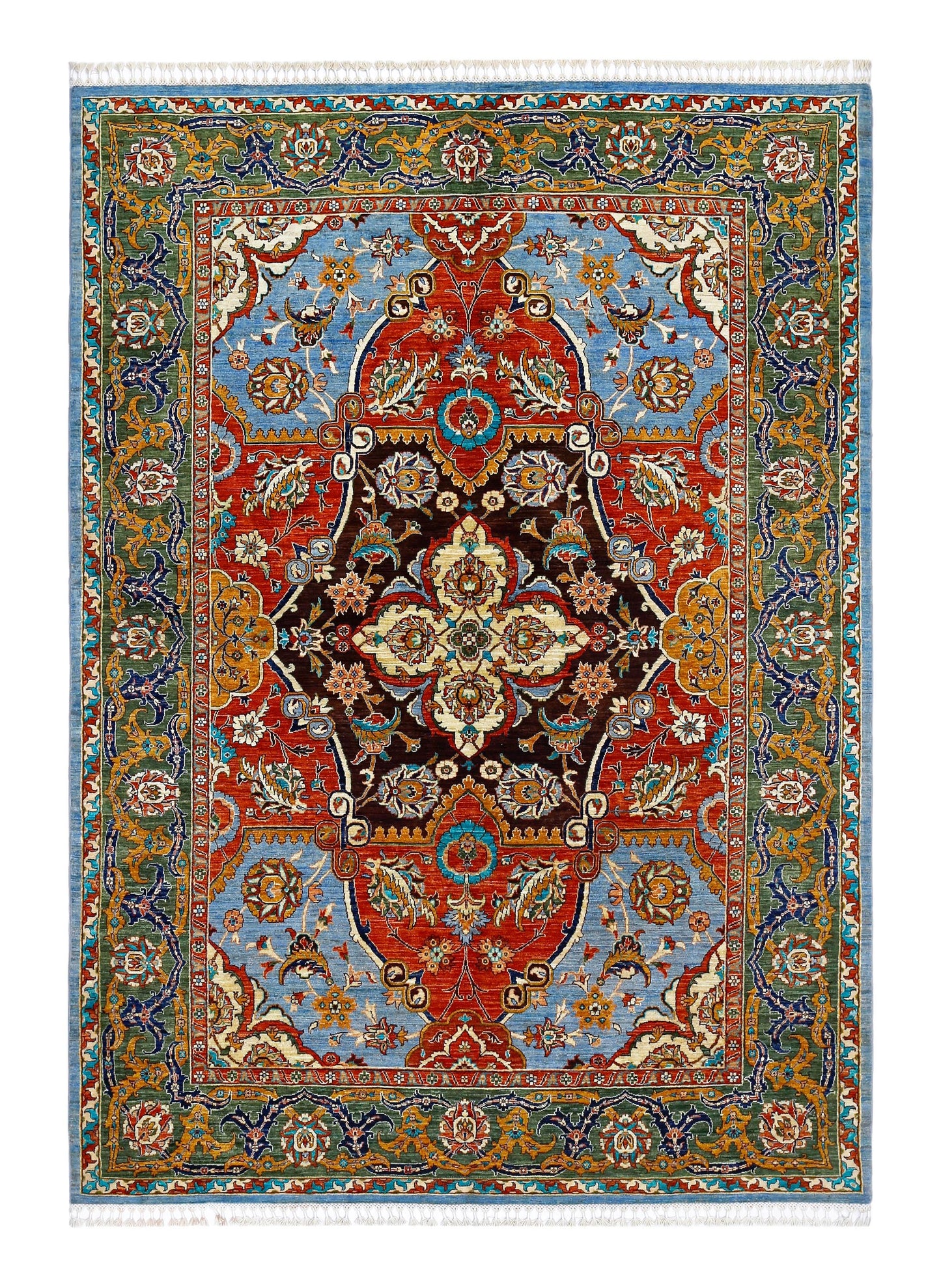 Handwoven Persian Wool Silk Rug 6.5x9.3 ft – Blue, Red & Gold Medallion Carpet – Luxury Oriental Wool Rug for Living Room , Home Decor