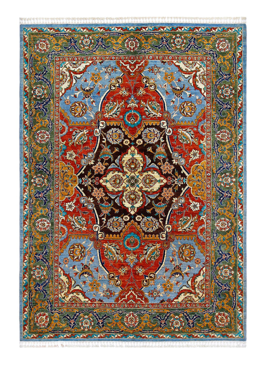 Handwoven Persian Wool Silk Rug 6.5x9.3 ft – Blue, Red & Gold Medallion Carpet – Luxury Oriental Wool Rug for Living Room , Home Decor