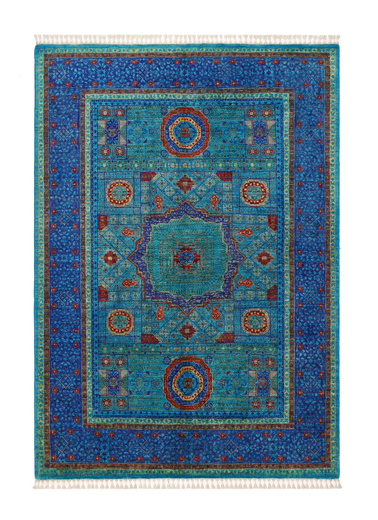 Hand-Knotted Persian Wool Rug 5.6x7.3 ft – Luxurious Blue & Gold Medallion Carpet – Traditional Oriental Wool Area Rug for Home , Office