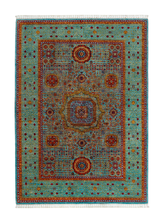 Hand-Knotted Persian Rug - 5.8x8.1 ft (247x179 cm) - Traditional Medallion Design in Turquoise & Red - 100% Wool Oriental Carpet