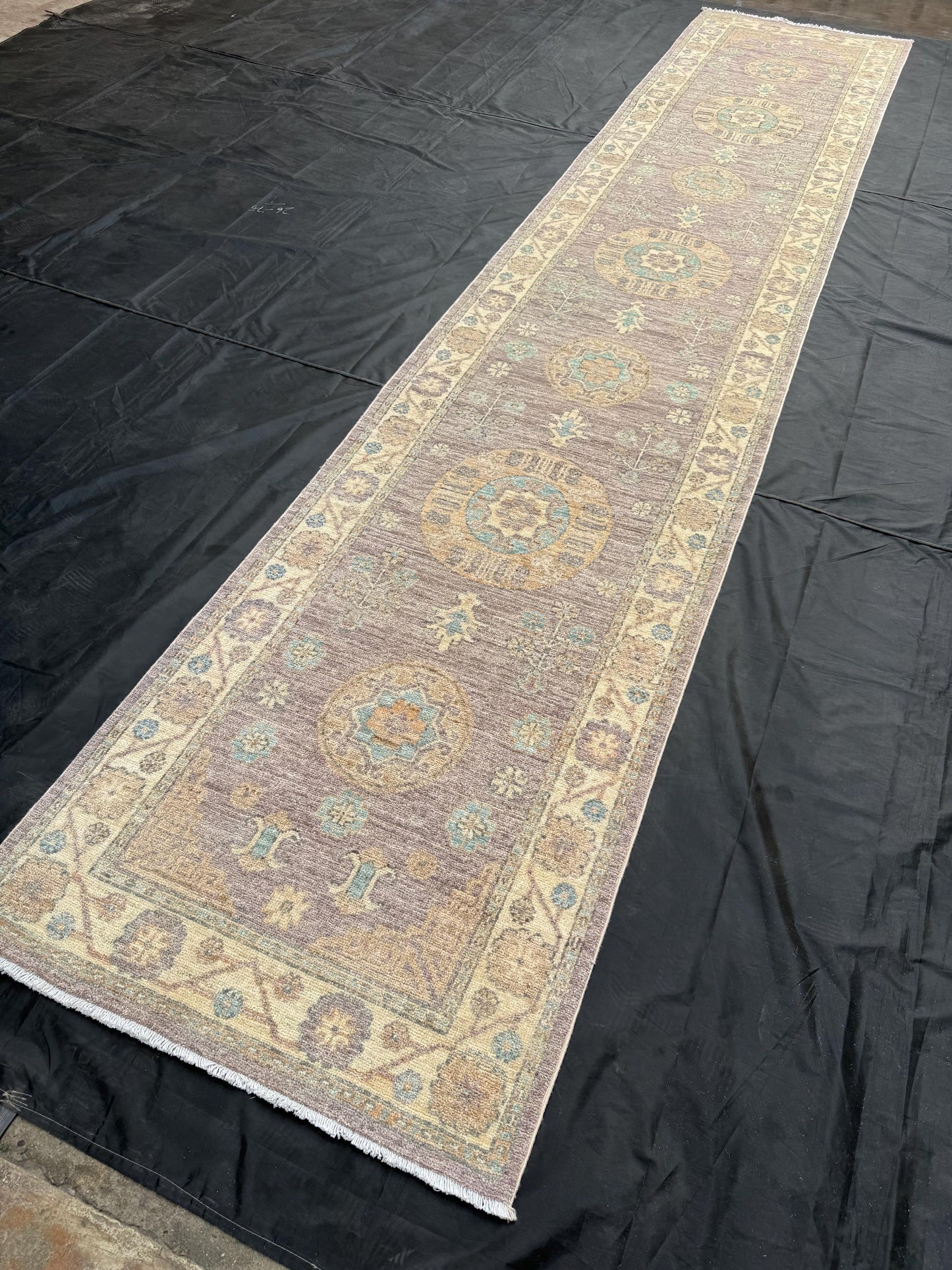 3x13 Handmade Oushak Runner Rug - Elegant Turkish Wool Hallway Carpet in Pastel Tones,Pastel Toned Khotan Runner rug,13 ft Soft runner rug