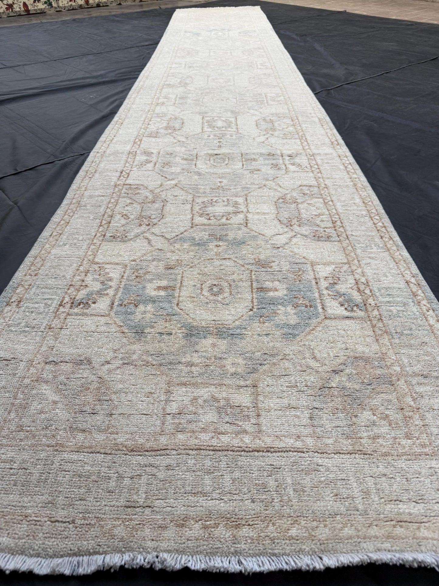 15 ft long Handmade Oushak Runner Rug-Soft Pink Blue Cream Modern runner rug,Modern Pastel colors Runner rug,Turkish Oushak hallway rug