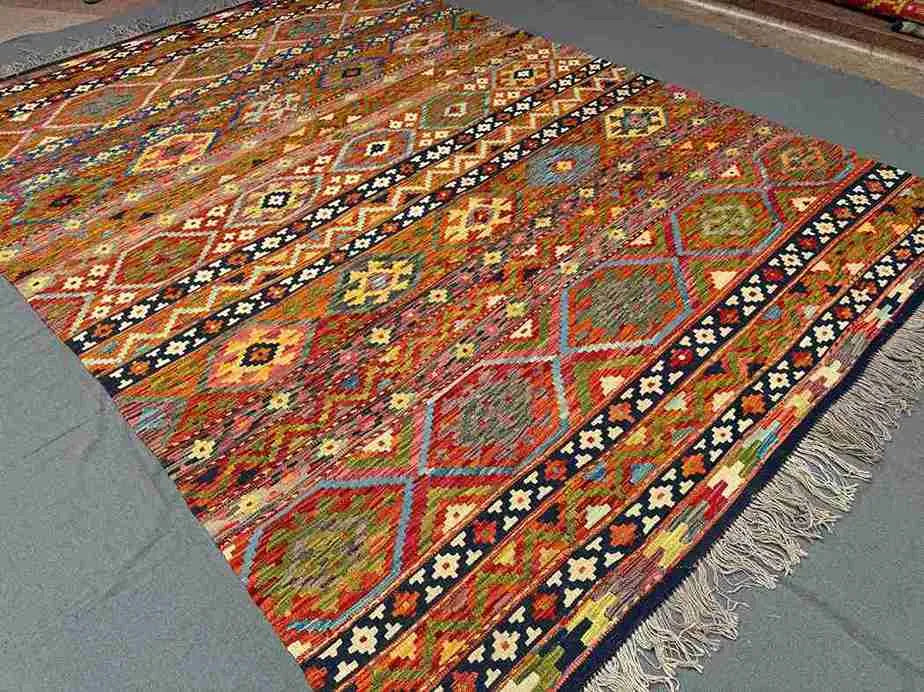 Handmade 8x11 Khorjin Kilim Rug – Vibrant Multicolor Wool Flatweave | Large Geometric Knotted Area Carpet | Traditional Persian-Style Kilim
