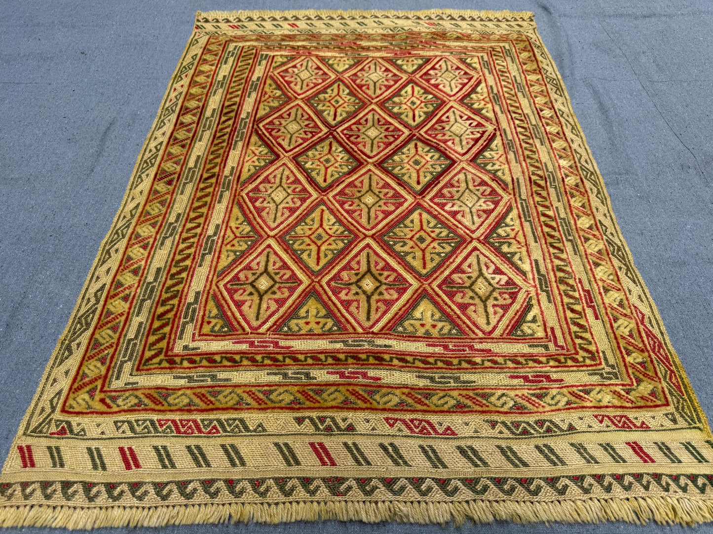 2.10 x 3.11 ft Handwoven Afghan Turkish Rug - Vintage Wool Tribal Carpet - Gold, Red & Green Geometric Oriental Rug