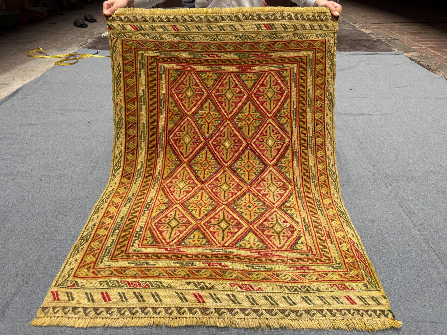 2.10 x 3.11 ft Handwoven Afghan Turkish Rug - Vintage Wool Tribal Carpet - Gold, Red & Green Geometric Oriental Rug