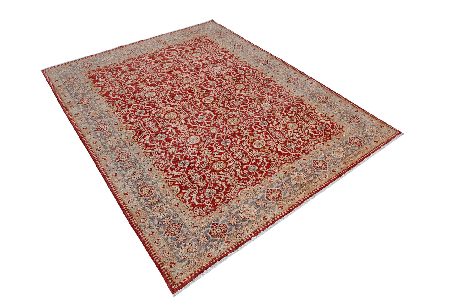 Hand-Knotted Persian Rug 5.7x7.2 ft – Luxurious Red & Blue Floral Wool Carpet – Traditional Oriental Area Rug for Home and Office