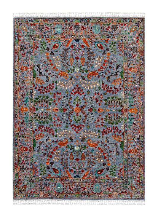 Handwoven Persian Wool ,Silk Rug 5.5x7.8 ft – Elegant Blue & Multicolor Floral Carpet – Luxurious Oriental Rug for Home ,Living Room Décor