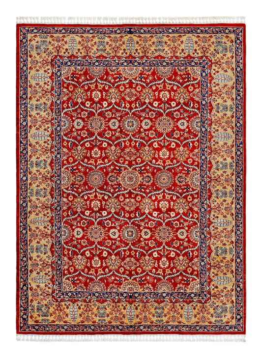 Handwoven Persian Wool Silk Rug 5.7x7.7 ft - Luxurious Red Gold Floral Design - High-End Oriental Carpet for Living Room & Home Decor