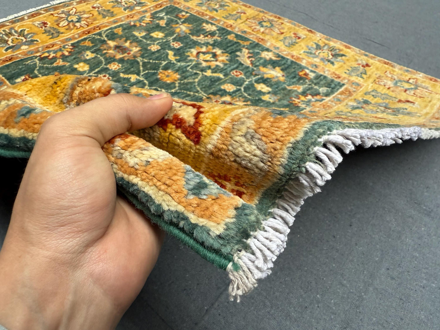 Handmade Green Ziegler Rug 3.1 x 3.4 ft - Wool Persian Floral Carpet - Gold & Green Square Area Rug - Traditional Handwoven Oriental Rug