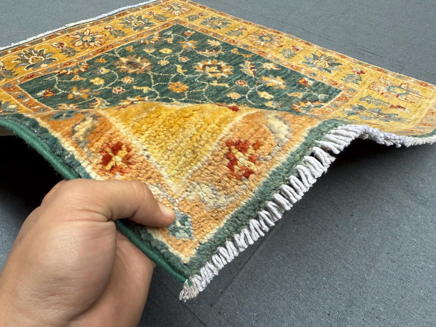 Handmade Green Ziegler Rug 3.1 x 3.4 ft - Wool Persian Floral Carpet - Gold & Green Square Area Rug - Traditional Handwoven Oriental Rug