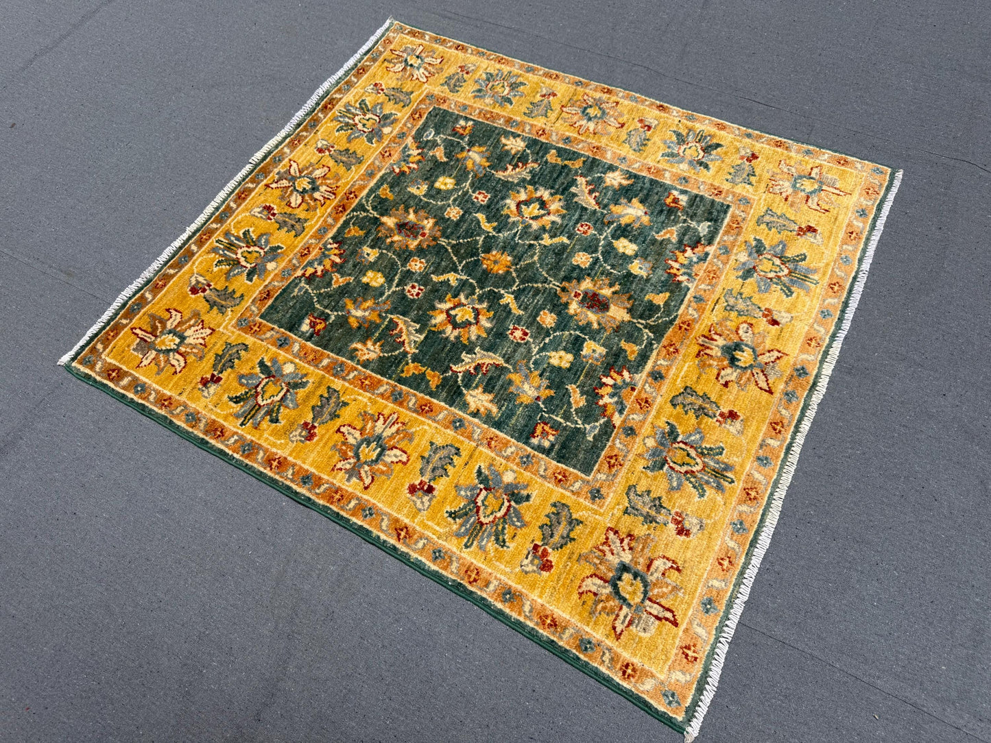 Handmade Green Ziegler Rug 3.1 x 3.4 ft - Wool Persian Floral Carpet - Gold & Green Square Area Rug - Traditional Handwoven Oriental Rug