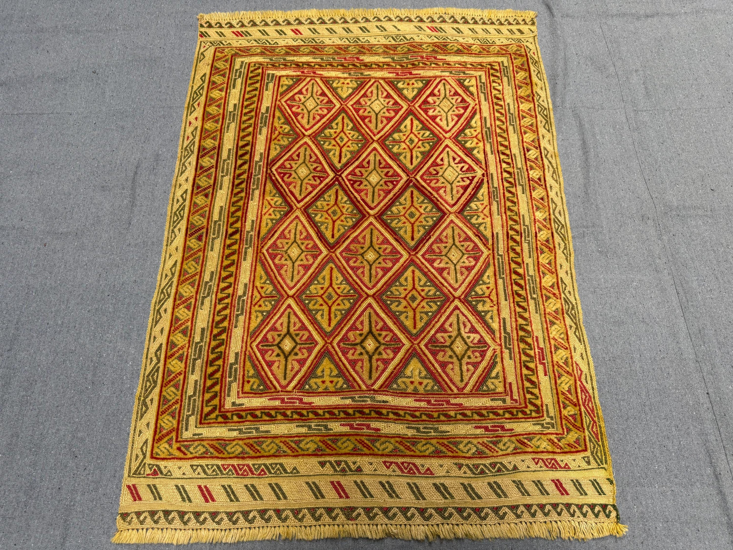 2.10 x 3.11 ft Handwoven Afghan Turkish Rug - Vintage Wool Tribal Carpet - Gold, Red & Green Geometric Oriental Rug
