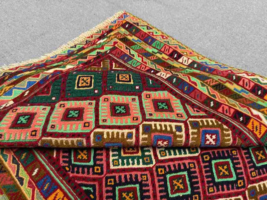 Handmade 3.2x4 Persian Afghan Kilim – Wool Tribal Geometric Rug | Multicolor Nomadic Carpet for Bohemian Oriental Home Decor