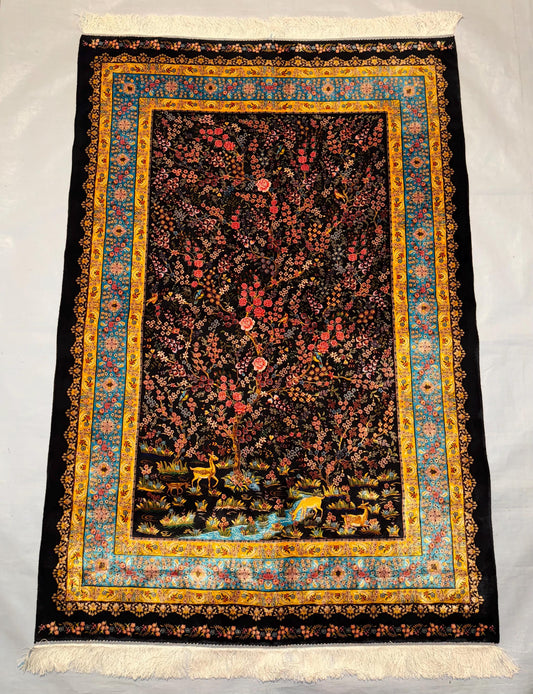 Luxury 4x6 Persian Silk Rug - Black Floral Design with Deer & Nature Scene, Elegant Oriental Carpet for Home Decor