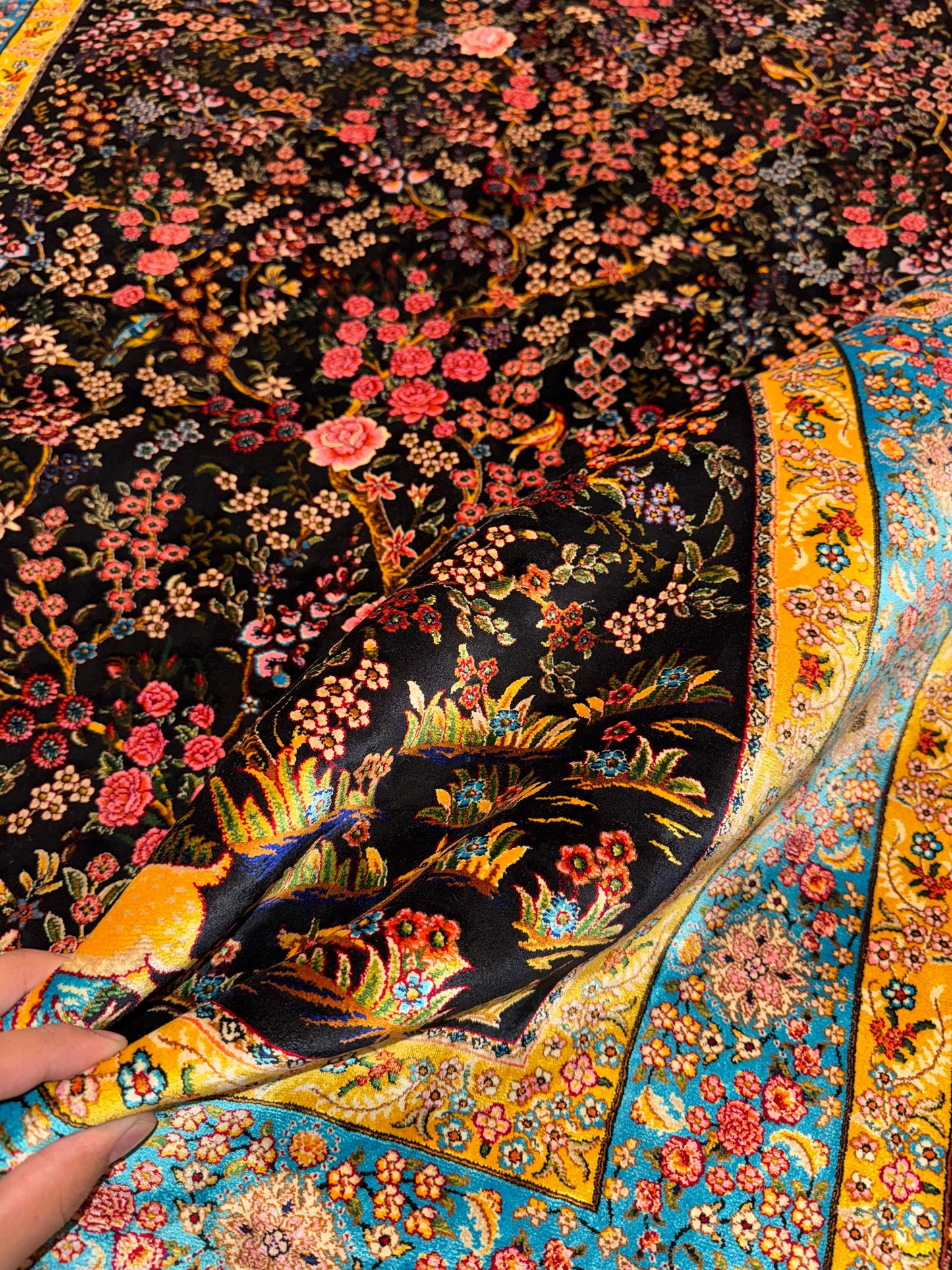 Luxury 4x6 Persian Silk Rug - Black Floral Design with Deer & Nature Scene, Elegant Oriental Carpet for Home Decor
