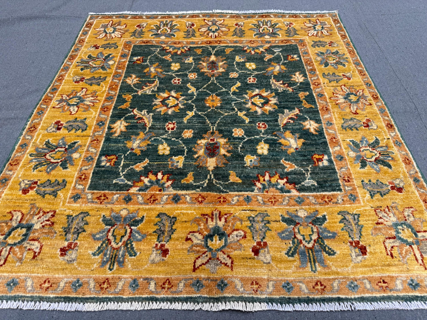 Handmade Green Ziegler Rug 3.1 x 3.4 ft - Wool Persian Floral Carpet - Gold & Green Square Area Rug - Traditional Handwoven Oriental Rug