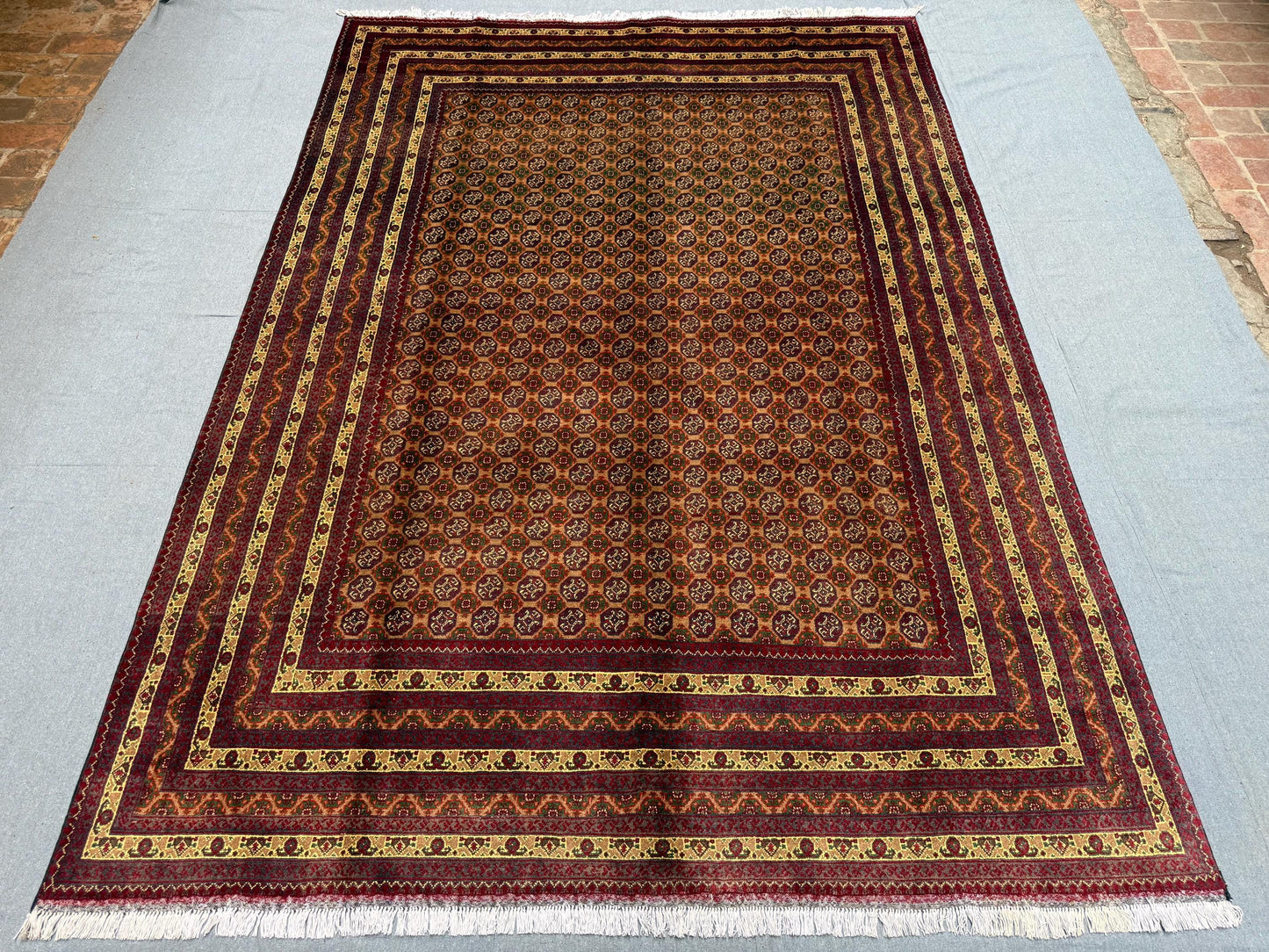 Red & Gold Turkmen Rug – 6.6x9.5 ft Handmade Wool Area Rug