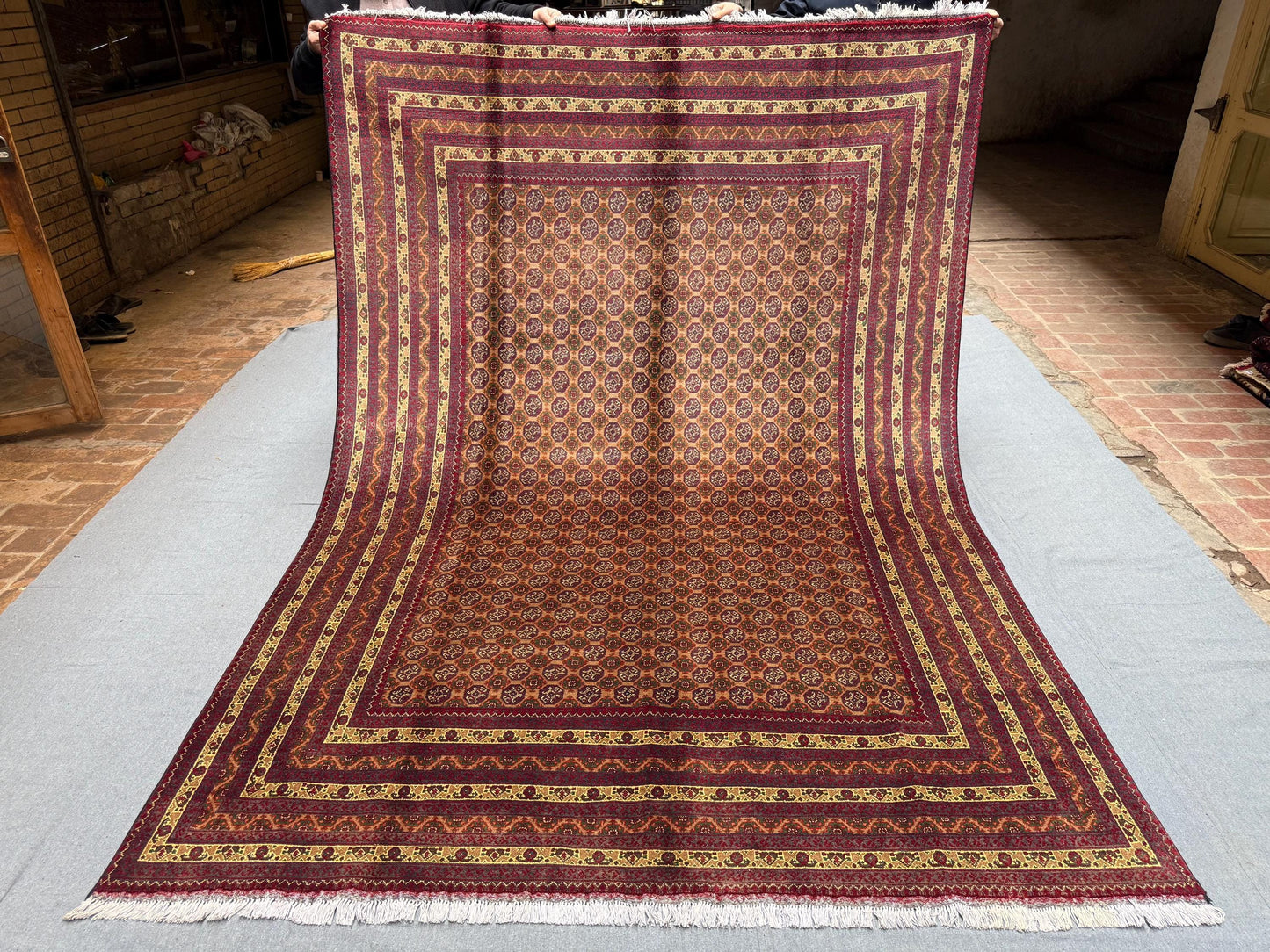 Red & Gold Turkmen Rug – 6.6x9.5 ft Handmade Wool Area Rug