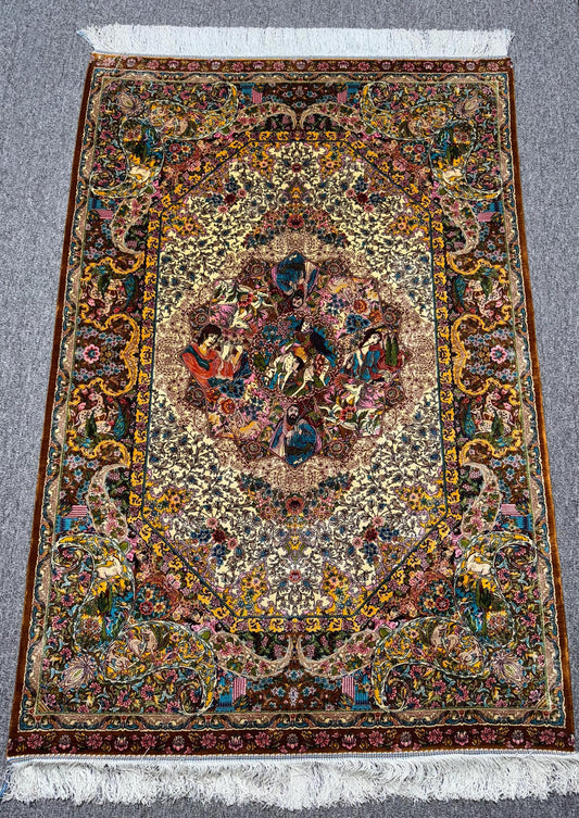 Persian Storytelling Silk Rug 3x5 ft – Luxury Art Carpet with Historical Figures, Floral Design, Tapestry Accent for Wall or Floor Use