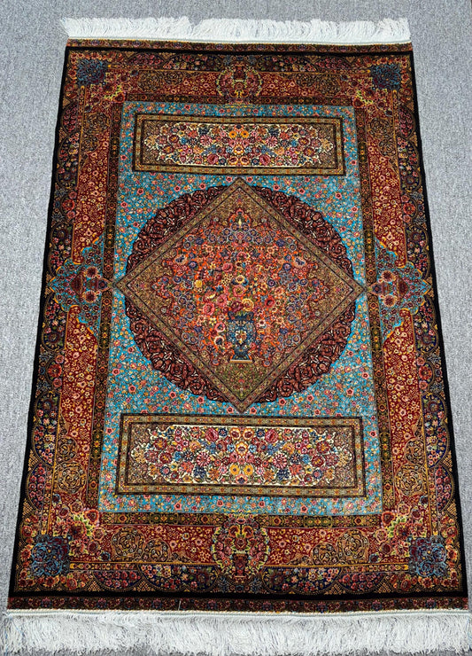 Persian Silk Rug 3x5 ft – Luxury Floral Medallion Carpet, Blue & Burgundy Oriental Design, Elegant Accent Rug for Home Office Decor