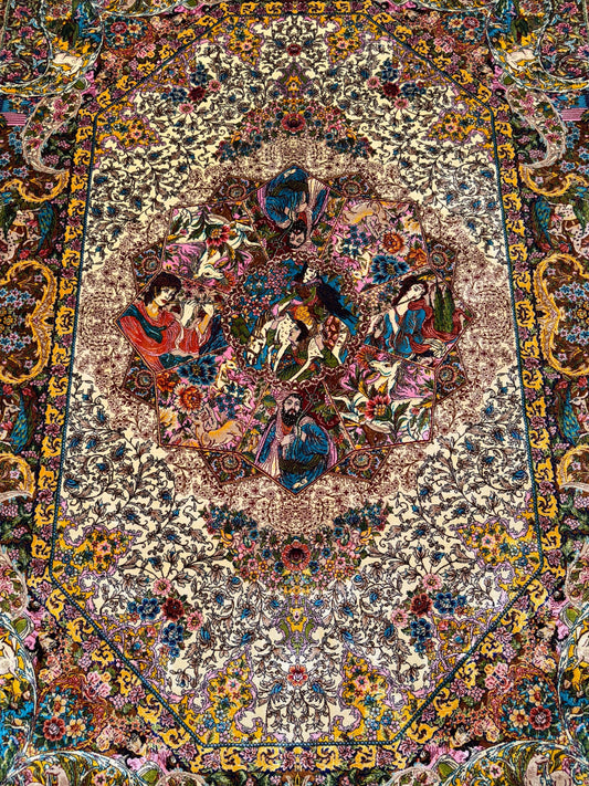 Persian Storytelling Silk Rug 3x5 ft – Luxury Art Carpet with Historical Figures, Floral Design, Tapestry Accent for Wall or Floor Use